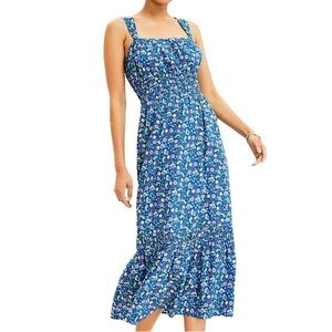 Loft, NWT Maxi Shirred Flounce Floral Blue Midi Dress, Size M
